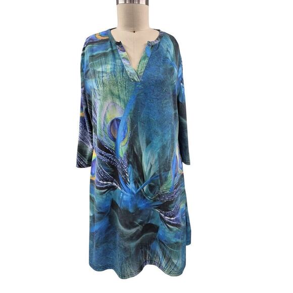 Lily by Firmiana Blue/Green Peacock Print  Dress A Line Shift Polyester Sz 1X - Picture 1 of 6